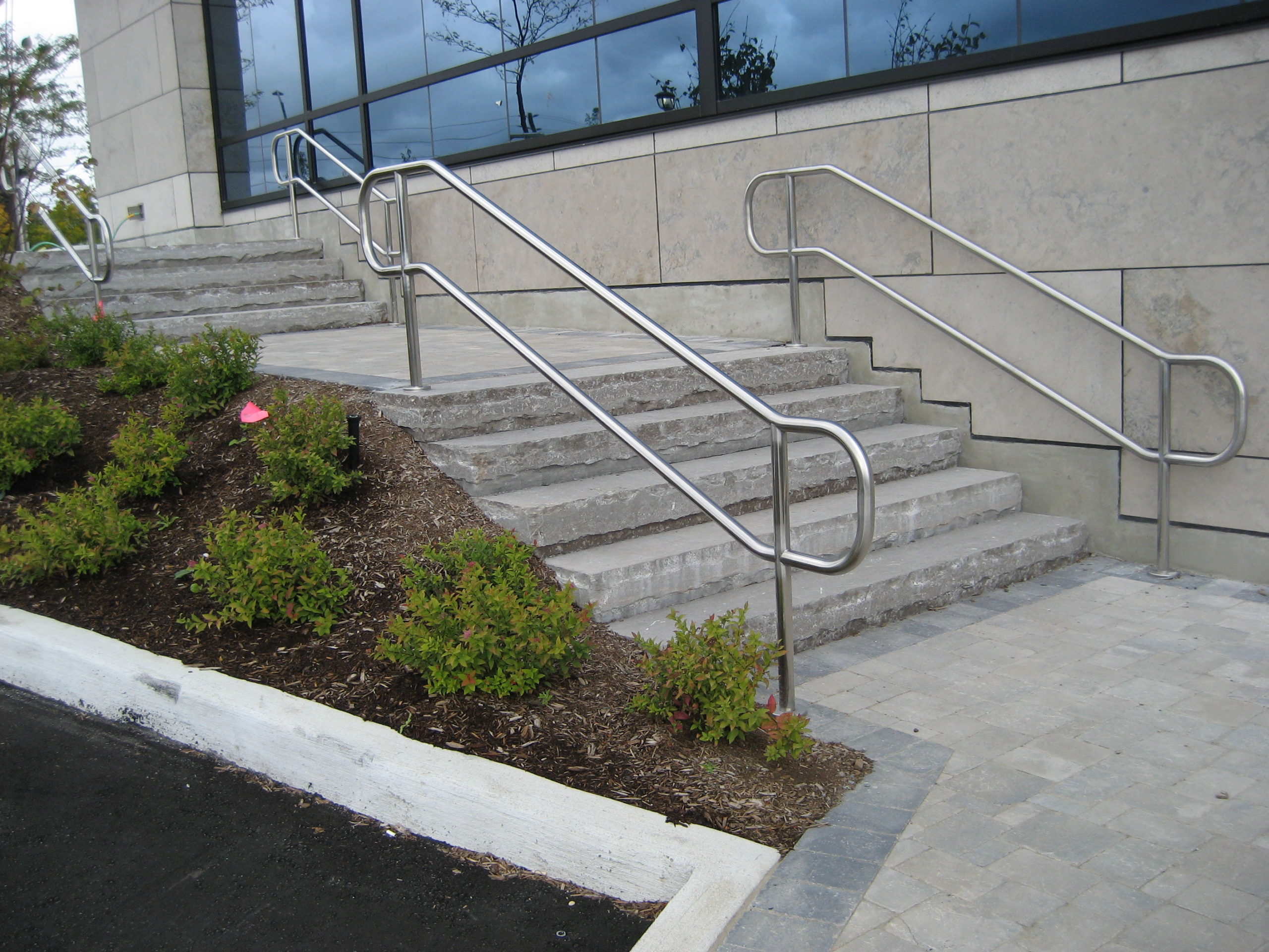 Staircase with shrubs lining the sides