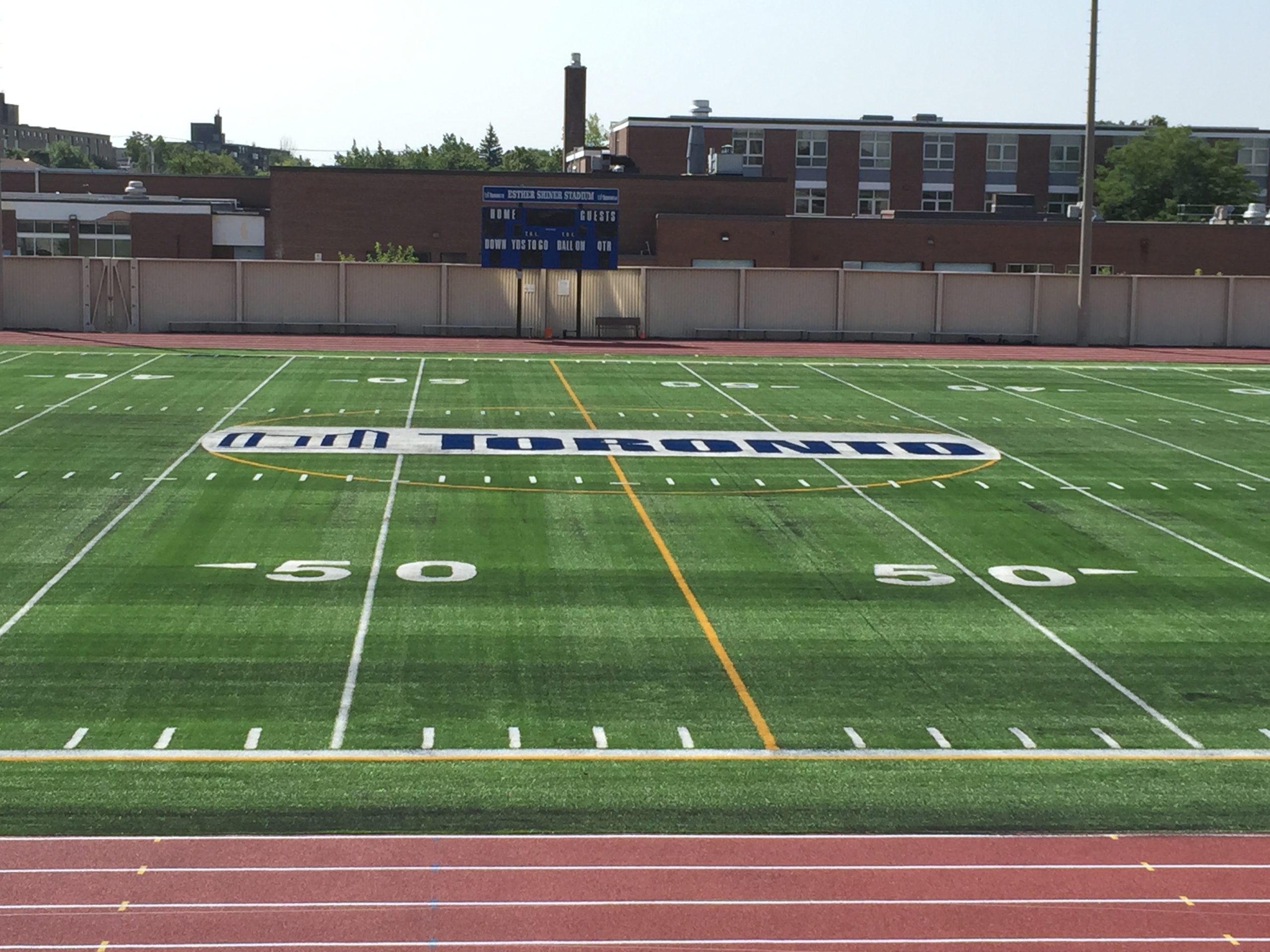 Foot ball field with a running track circling it.