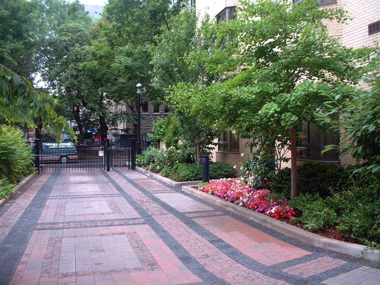 Beautiful pathway out surrounded by trees and flowers.