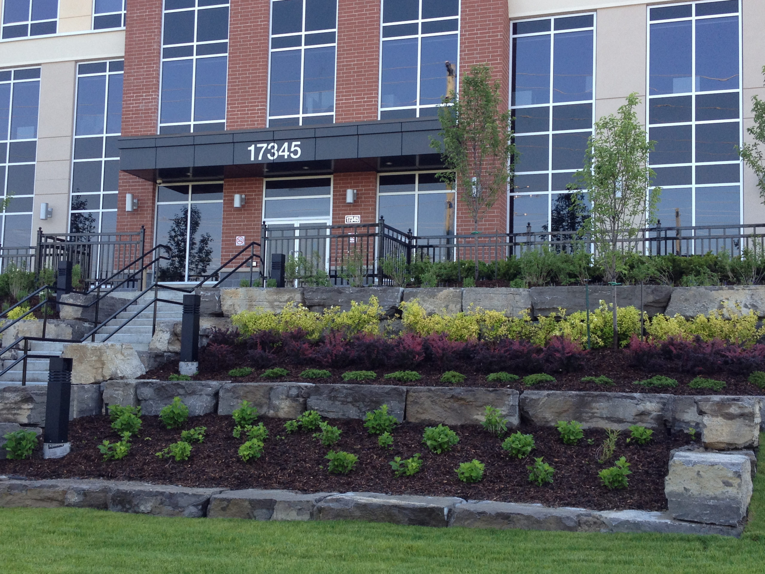 Front of building with shrubs